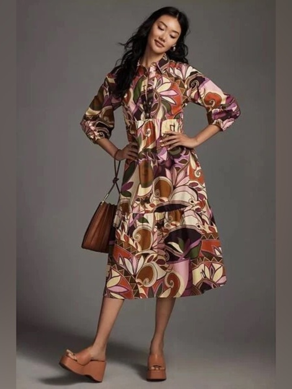 Maeve Anthropologie Retro Abstract Print Midi Dress XS Cotton 70s Boho